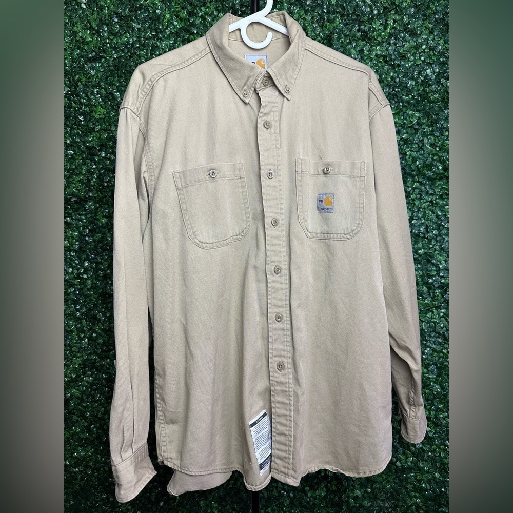 Carhartt Men's Flame Resistant Tan Long Sleeve Button-Up Shirt